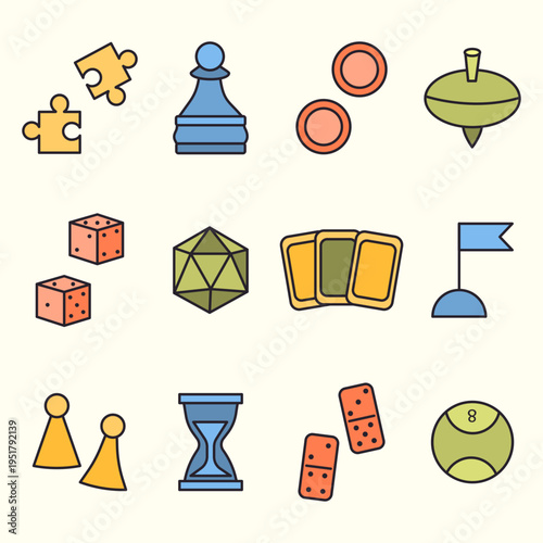 Set of vector linear color icons of board game elements