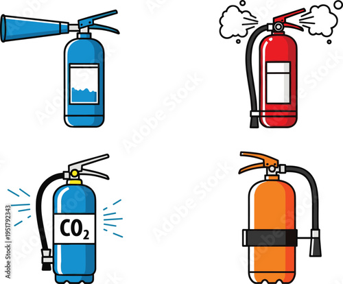 Vector illustration set of fire extinguishers featuring safety equipment, emergency tools, CO₂, foam, water, and chemical suppression icons.