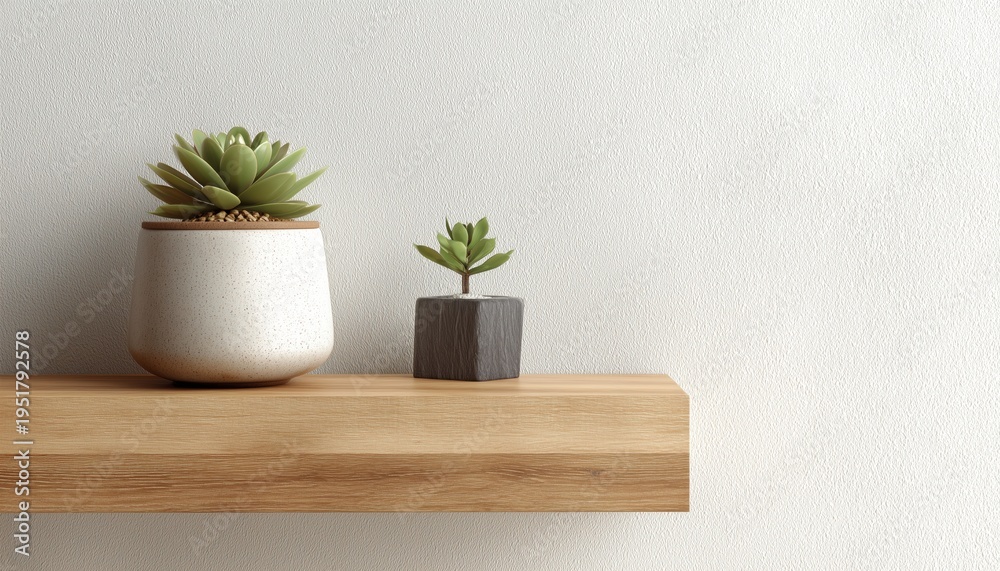 Fototapeta premium Modern Home Interior Detail: Wooden Wall Shelf Mounted In A Corner With Small Red Ceramic Pot Placed On Top. Aesthetic And Functional Decor.