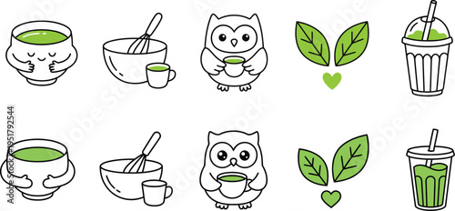Matcha tea line art icons with cute owl character and green leaves