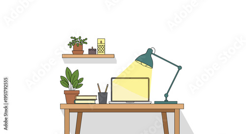 A wooden desk features a laptop, a teal lamp, two potted plants, books, and a shelf with more plants and candles.