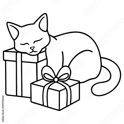 A cute black kitten with a pink tail and a happy smile holds a birthday gift box in this cartoon vector illustration of a domestic feline pet