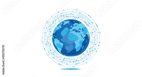 A blue globe with lighter blue continents is encircled by a swirling network of dots and lines on a white background.