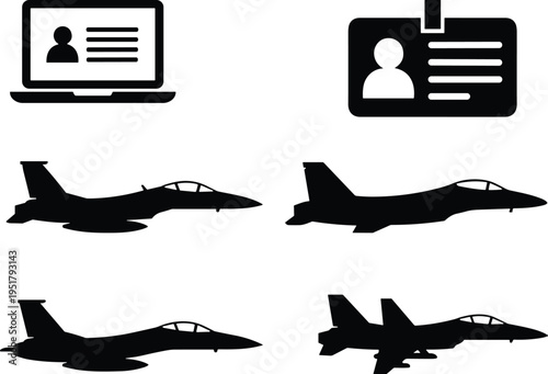 Military jet aircraft silhouettes with identification card and user profile icons isolated set for aviation defense security and technology design