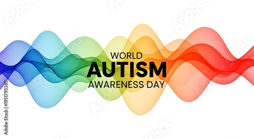 World autism awareness day colorful wavy ribbon design with text on white background