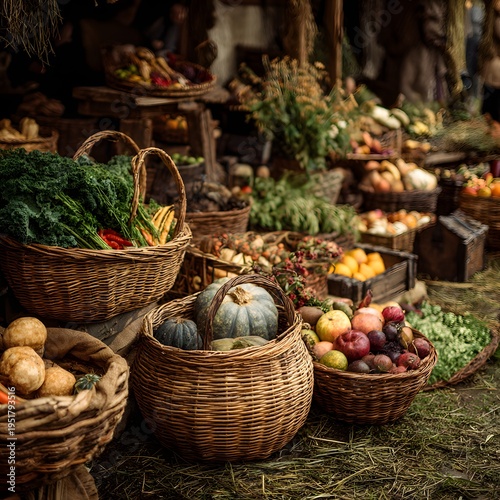 A vibrant display of fresh produce in wicker baskets at an outdoor market