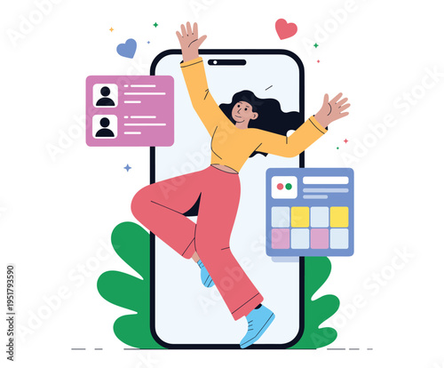 Woman jumping with joy in front of a smartphone screen happy excited, social media design.