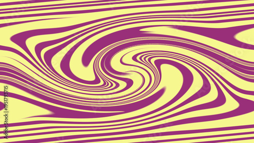 Abstract optical illusion background with purple yellow swirling vortex lines, hypnotic spiral motion, and vibrant geometric decorative layout
