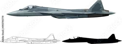 Technical Illustration of a Next-Generation Twin-Engine Stealth Fighter Jet with Full Color Render, Solid Silhouette and Line Art Vector