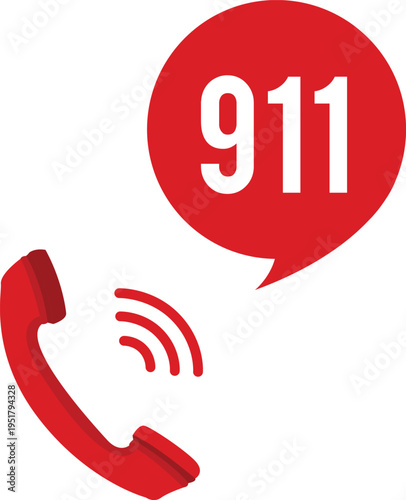Emergency Call 911 Icon ,Police Ambulance Fire Department Hotline, SOS First Aid Symbol, Red Urgent Phone Handset, 24/7 Crisis Support Helpdesk, Flat Modern Vector Illustration Isolated on  Background