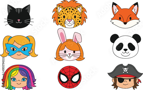 Cute cartoon animal and character face mask collection including cat leopard fox panda bunny superhero pirate vector illustration set