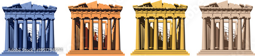 Vector illustration set of Parthenon temple featuring classical Greek architecture, columns, pediment, cultural heritage, and historical landmark icons.