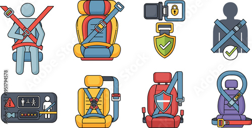  Car seatbelt safety icons vector set, child seat protection, secure driving illustrations, automotive safety symbols, modern flat design collection