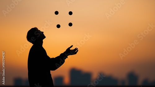 Juggler Silhouette Against Sunset Skyline