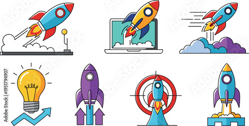  Rocket launch and startup growth icons vector set, business innovation symbols with space rockets, success concept illustrations, modern flat design collection
