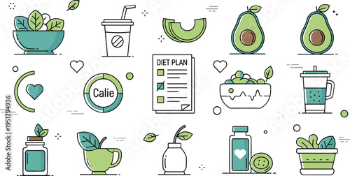Healthy diet and wellness icons vector set with avocado, smoothie, salad, detox drinks and nutrition plan, modern lifestyle collection design