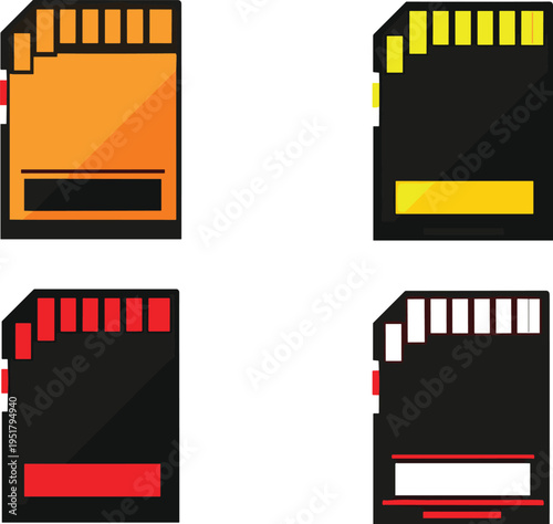Vector illustration set of SD memory cards featuring colorful designs, storage devices, digital data technology, and electronic hardware icons.