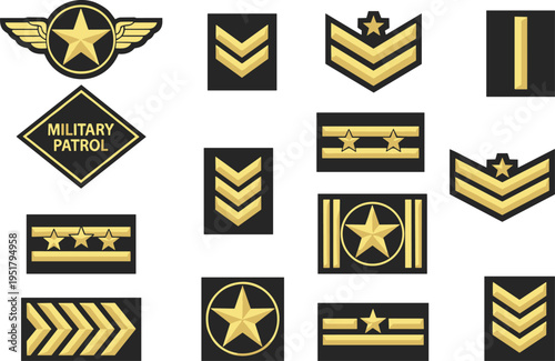 Military rank insignia collection with gold stars chevrons stripes and patrol badge icons isolated set for army uniform emblem design