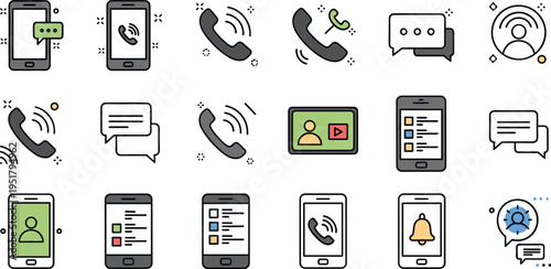 Communication and mobile phone icons vector illustration set with call, chat, messages, notifications and smartphone interface symbols collection design