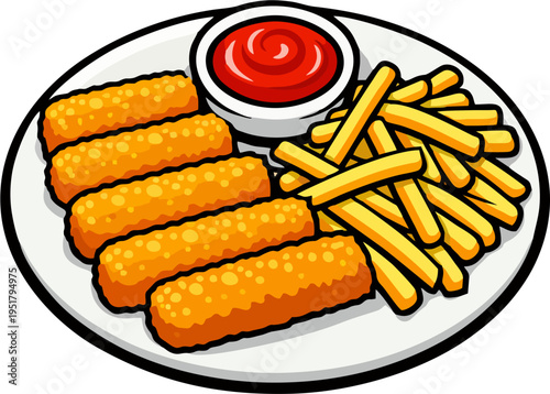 Cartoon Fish Sticks with Golden French Fries and Ketchup Dip on White Plate – Top View Vector Food