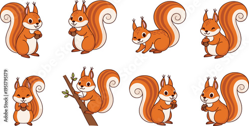 Cute squirrel cartoon characters collection with different poses forest animal mascot vector illustration set