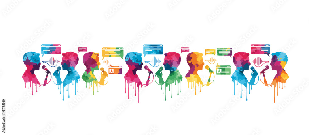 Fototapeta premium People using text to speech and communication technology. Neurodiversity and assistive software concept. Colorful watercolor vector illustration