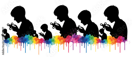Neurodivergent student using fidget spinner silhouette. Colorful watercolor splash effect vector illustration. Isolated on transparent background