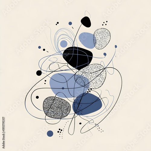 An abstract art piece featuring various shapes and lines on a beige background