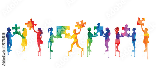Neurodiverse friendship and teamwork concept. Children holding puzzle pieces watercolor silhouette vector illustration