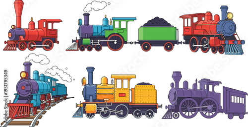  Vintage steam train locomotives vector set, colorful railway engines collection, classic transportation illustrations, retro rail vehicles, detailed flat design pack