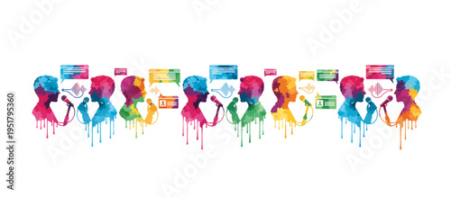 People using text to speech and communication technology. Neurodiversity and assistive software concept. Colorful watercolor vector illustration