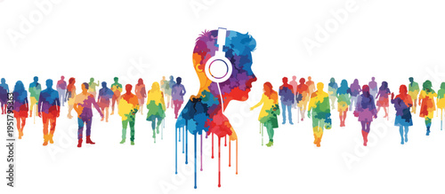 Person wearing headphones in a crowd. Sensory overload and neurodiversity concept. Colorful watercolor silhouette vector illustration