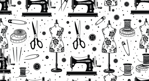 Seamless vector pattern of sewing tools featuring vintage machines, dress forms, threads, buttons, and tailoring craft design icons.