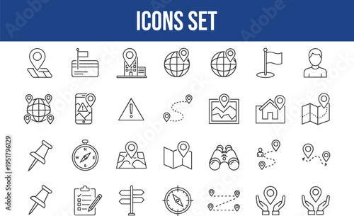 Navigation and location icons set for travel and business purposes representing maps and destinations