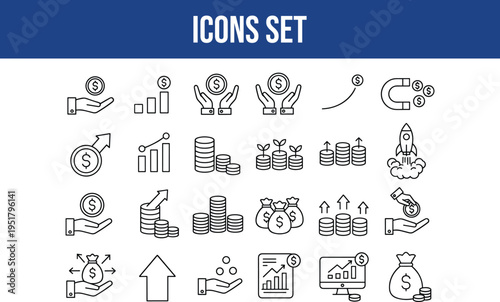 Money and finance icons set representing investment growth, savings, and financial success in business
