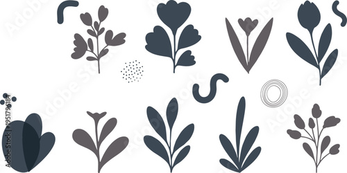 Abstract botanical shapes vector illustration set with modern leaves, flowers and organic elements, minimalist nature design collection in trendy flat style