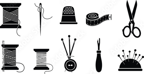 Vector illustration set of sewing tools featuring thread spools, needles, scissors, thimble, buttons, tailoring equipment, and craft icons.