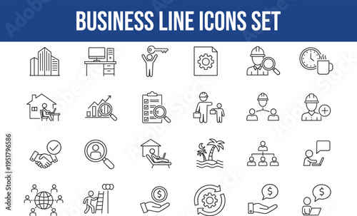 Business line icons set for corporate strategy team management and professional development