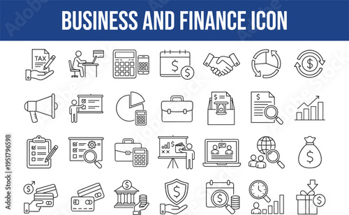 Business and finance line icon set for financial planning investment management accounting