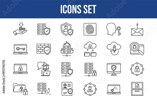 Collection of cybersecurity and data protection icons for digital security concept