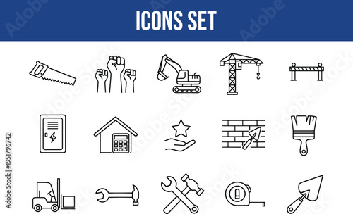 Construction and industry icons depicting tools and equipment for building and labor