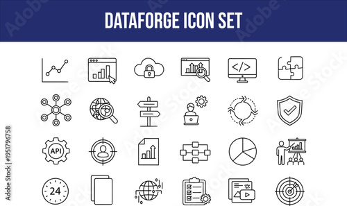 Dataforge icon set provides analytics, cloud storage, coding, business strategy, and API development elements