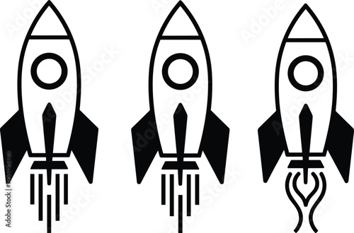 Rocket launch silhouettes collection, space shuttle icons set with startup concept, spacecraft takeoff vector illustration isolated on clean background