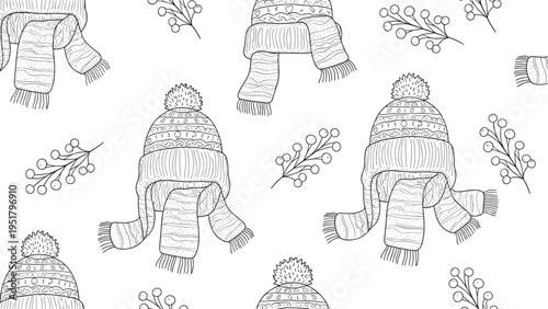 Cozy seamless line art pattern featuring an array of knitted winter hats with pom-poms, warm scarves, and festive berry branches for holiday comfort.