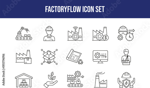 Factoryflow industrial automation icon set for manufacturing and production process control