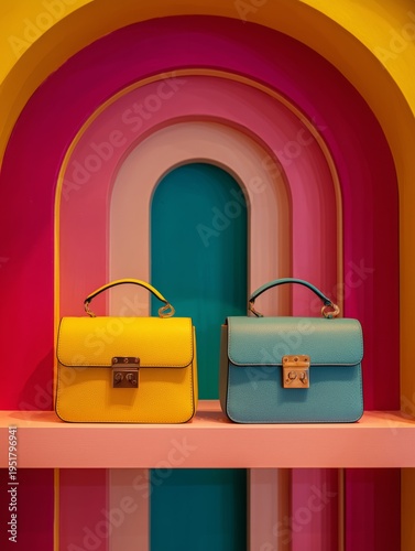 Colorful Display of Bags in a Store With Bright Walls and Stylish Shelves