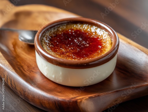 Delicious Dessert Served in a Glass Jar With Caramel Topping on a Wooden Tray