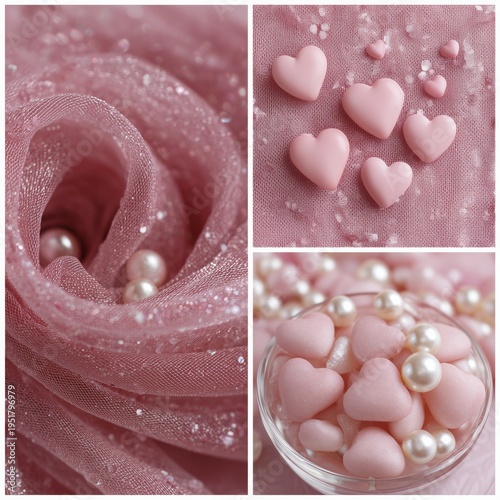 Pink Fabric With Heart-Shaped Candies and Pearls Arranged in a Bowl