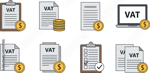 Vector illustration set of VAT icons featuring tax documents, clipboards, coins, dollar signs, financial transactions, and accounting tools.