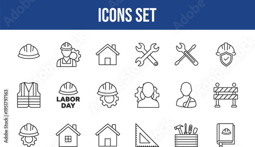 Hard hat, engineer, house, tools, wrench, safety helmet, vest and barrier icons